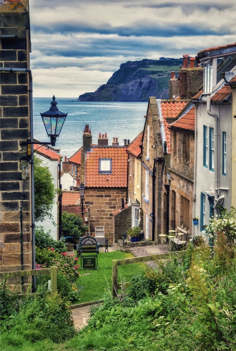 View through Robin Hood's Bay rooftops towards the sea